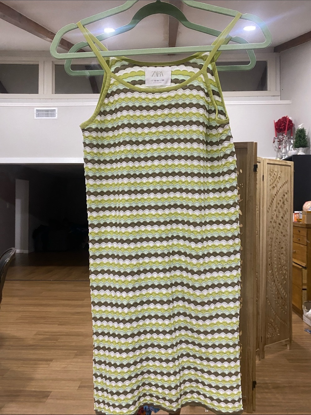 Zara Green White Chevron Knit Mini Dress